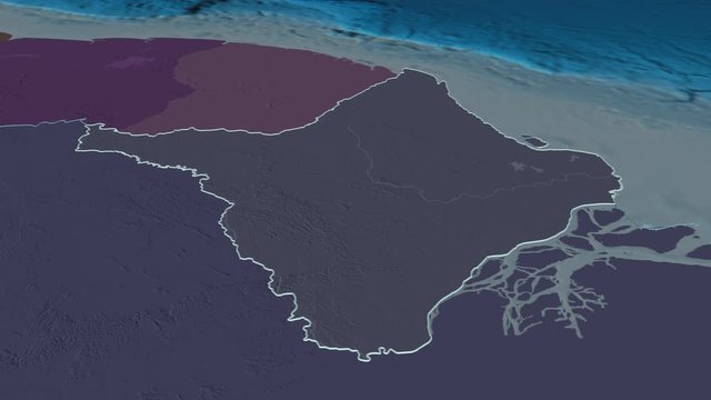 Amapá, state with its capital, zoomed and extruded on the administrative map of Brazil in the conformal Stereographic projection. Animation 3D