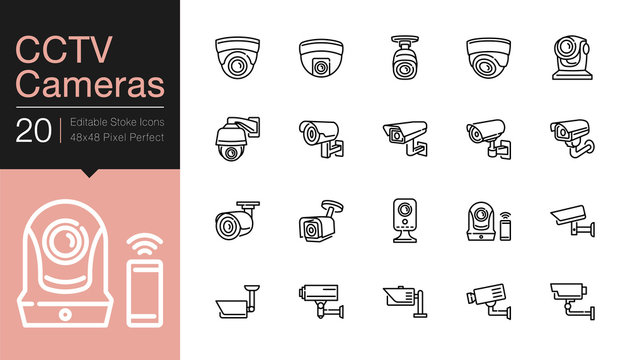 CCTV Cameras & Security Camera Systems icons. Modern line design. For presentation, graphic design, mobile application, web design, infographics, UI. Editable Stroke.