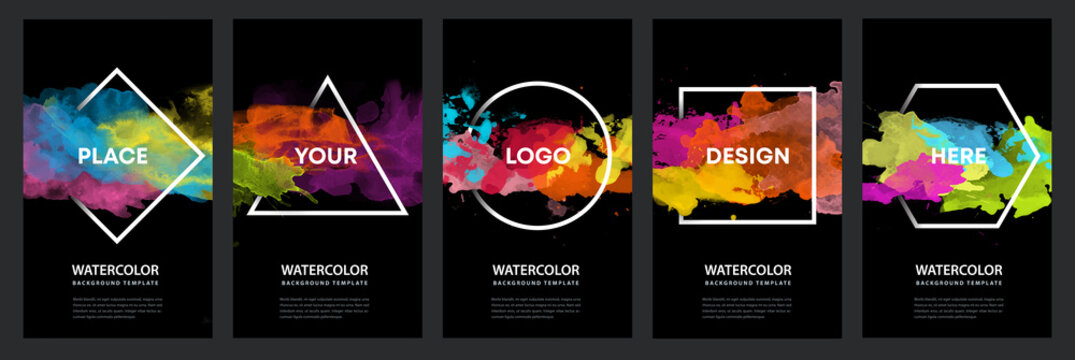 Watercolor black background over geometric frame vector design headline, logo and sale banner template set