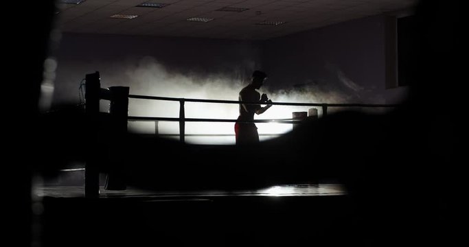 Dedicated athlete doing a shadow fight on boxing ring, practicing muay thai martial art, preparing for a fight - sports, martial arts concept 4k footage