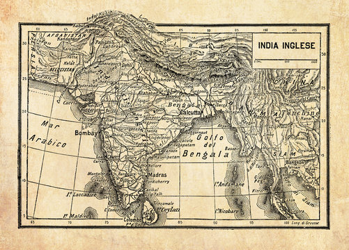 Ancient map of British Empire in India or British Raj on the Indian subcontinent, formed by  India, Pakistan, and Bangladesh with geographical Italian names and descriptions