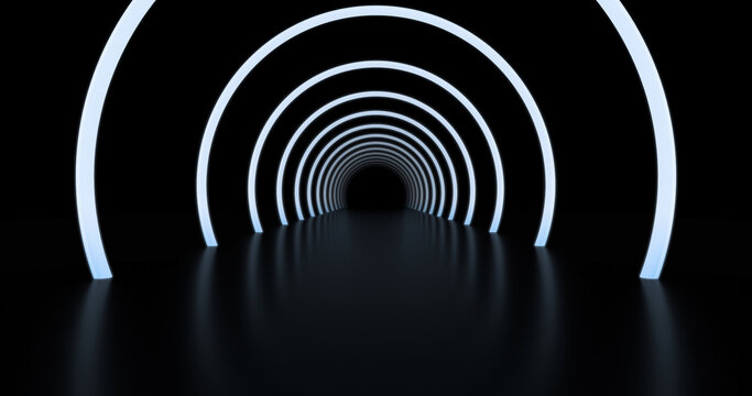 Abstract background, tunnel of glowing arcs. 3D render.