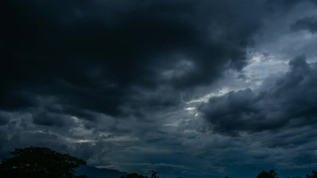 Timelapse B-roll footage of Dramatic stormy dark clouds before rain. hurricane black cloudy sky rainy season in topical country, skycaps cloudscape nature background. Aerial view 4k clouds moving fast