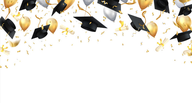 Graduation. Transparent background with realistic flying black degree caps confetti balloons and diplomas. Vector image school and university education banner with gold glitter on white background