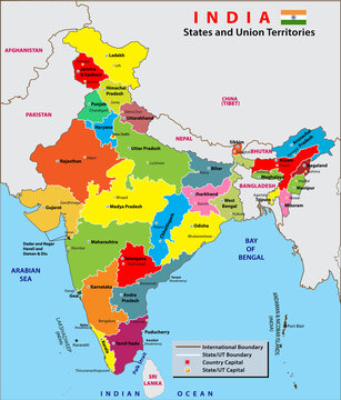 India map. States and union territories of India. India political map with capital New Delhi, national borders, important cities, rivers and lakes. English labeling and scaling with details.