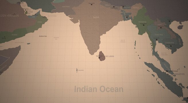 indian ocean countries map. 3d rendering of vintage continental world map