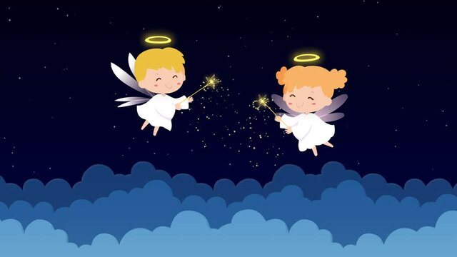 angels flying in the sky with starry night backgroud animation loop