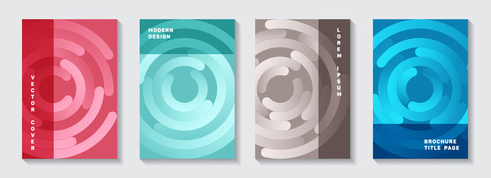 Corporate brochure front pages collection. Trendy banner circles spiral motion vector backdrops. 