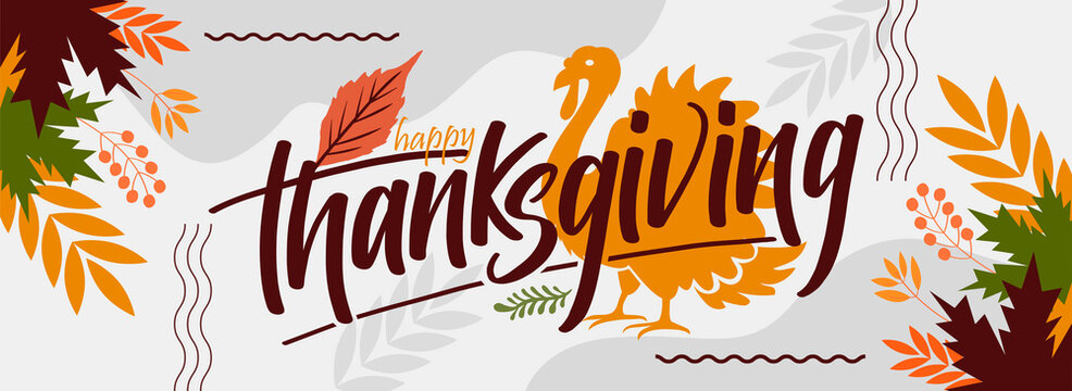 happy thanksgiving banner design with typography, turkey bird and abstract leaves background.