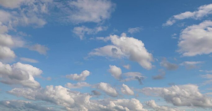 White clouds of different shapes and sizes fly in time lapse fashion over a vivid blue sky on a partly cloudy day in this one minute video with a looping fade at the end.