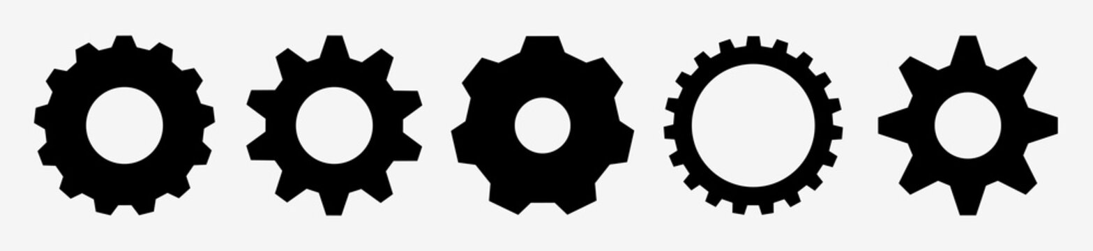 Gear setting vector icon set. Isolated black gears mechanism and cog wheel on white background. Progress or construction concept. Cogwheel icons UI vector.