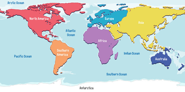 World map with continents names and oceans