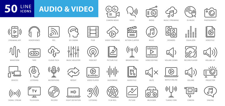 Audio Video Icons Pack. Thin line icons set. Flat icon collection set. Simple vector icons