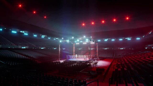 Empty boxing arena waiting new round . fly camera 4k hi quality video render. High quality 4k footage