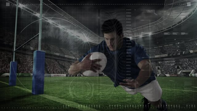 Animation of data processing over rugby player during rugby match in sports stadium