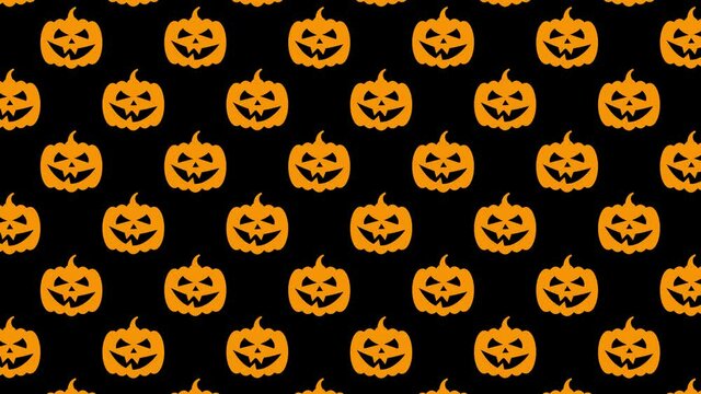 Black background with animated orange pumpkin faces pattern. Halloween holiday motion graphic decoration backdrop