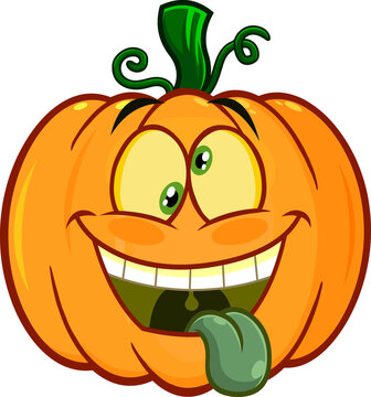 Crazy Halloween Pumpkin Cartoon Emoji Face Character With Goofy Expression. Vector Hand Drawn Illustration Isolated On White Background