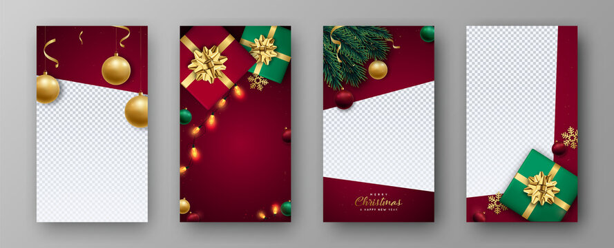 Christmas and New Year set template for instastories. Xmas decorative realistic elements. Christmas vertical banner.