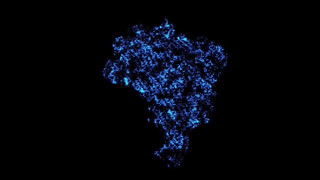 A map of the Brazil country consisting of stars of shimmering blue particles on a black background.