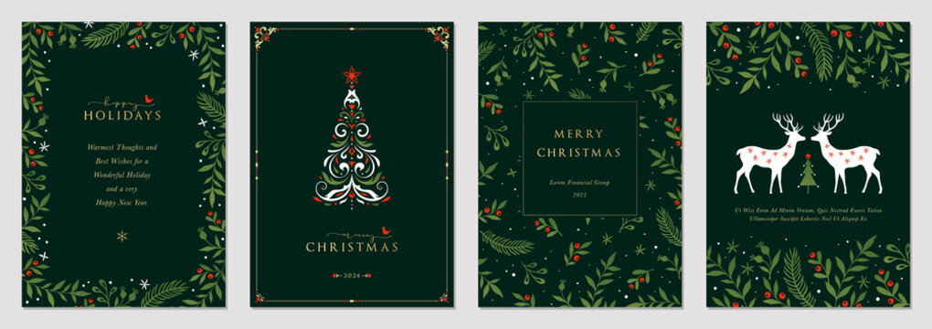 Traditional Corporate Holiday cards with Christmas tree, reindeers, birds, ornate floral frames, background and copy space. Universal artistic templates.