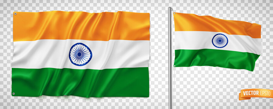 Vector realistic illustration of Indian flags on a transparent background.