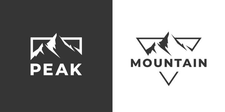 Mountain peak summit logo design. Outdoor hiking adventure icon set. Alpine wilderness travel symbol. Vector illustration.