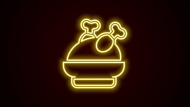 Glowing neon line Roasted turkey or chicken icon isolated on black background. 4K Video motion graphic animation