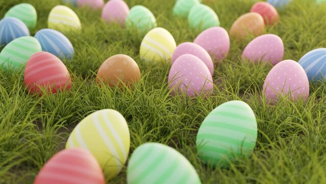 Easter Eggs In Grass Field, 3D Render