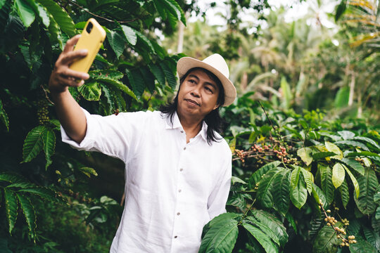 Balinese male farmer using cellular technology for making selfie photos near coffee bush at own plantation in Indonesia, adult man with mobile device photographing himself at caffeine farmland