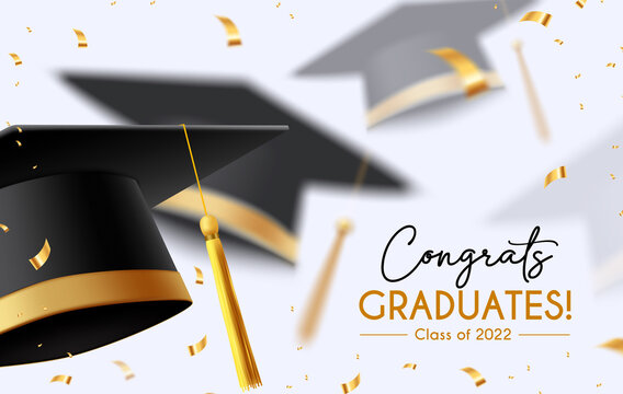 Graduation greeting vector background design. Congrats graduates text with 3d mortarboard cap and elegant gold confetti for graduation ceremony messages. Vector illustration.
