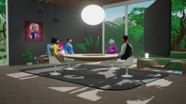 People communicate in the metaverse. Employees meet and talk in a virtual office meeting room on a sunny day. VR work space with NFT pictures and 3d furniture.