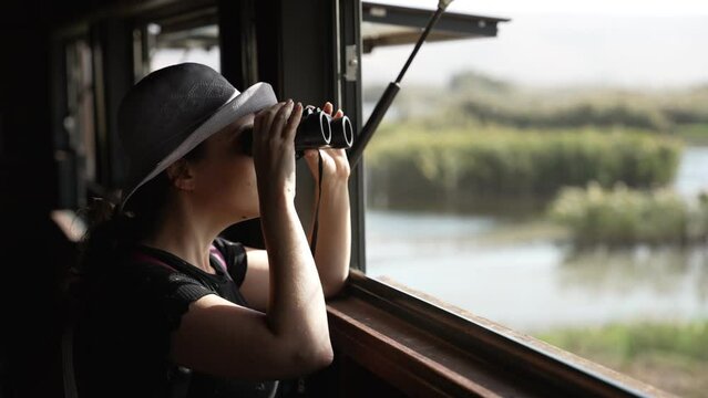 Female birdwatcher birding from observatory in natural reserve using binoculars. Young bird enthusiast is looking for aves and rare birds in a park in Lake Hula in Israel. Migrating birds passing by