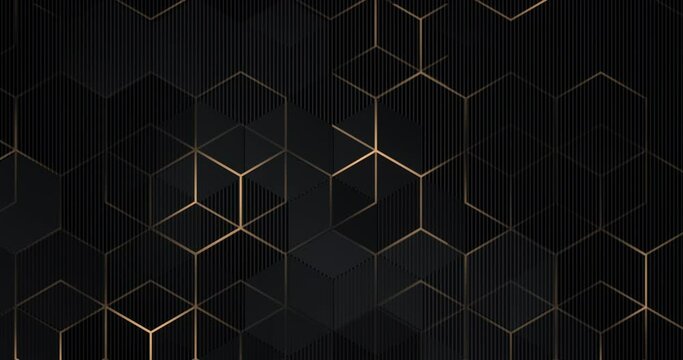 4k Abstract luxury black grey gradient backgrounds with golden metallic striped grid. Geometric hexagonal graphic motion animation. Seamless looped dark backdrop. Simple elegant universal minimal BG