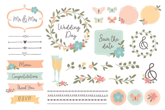 Rustic hand drawn wedding, wedding design elements set. Flower doodles,leaves, banners and frames. Save the Date cards, Wedding invitations, Thank You cards.