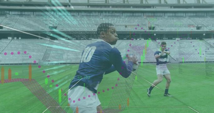 Animation of data processing over diverse rugby players at stadium