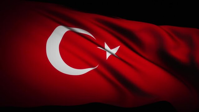 Loop of Turkey flag waving in wind in the dark texture background Turkey flag. Turkey flag video waving in wind