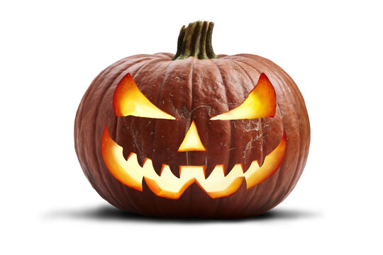 A single lit spooky halloween pumpkins, Jack O Lantern with evil face and eyes isolated against a transparent background.