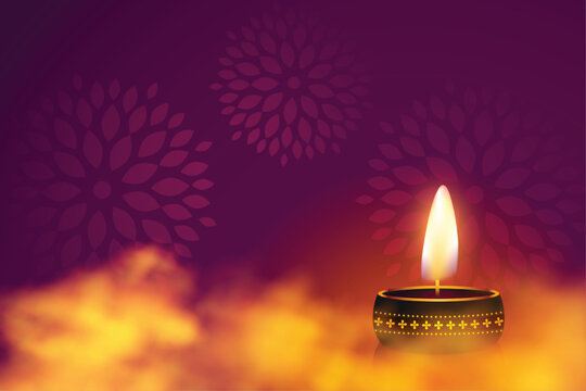 realistic happy diwali wishes card with diya and text space