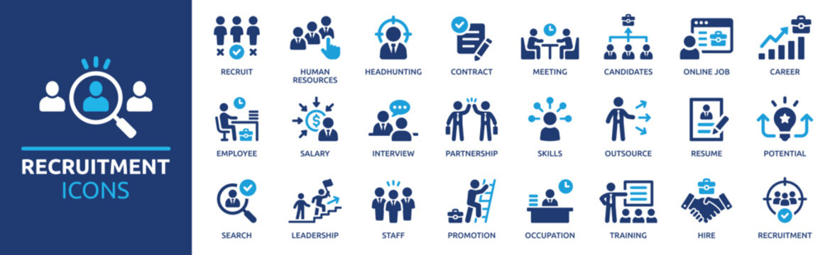 Recruitment icon set. Headhunting, career, resume, job hiring, candidate and human resource icons. Solid icon collection.