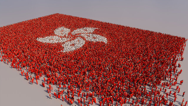 Aerial view of a Crowd of People, gathering to form the Flag of Hong Kong. Hong Kong Banner on White Background.