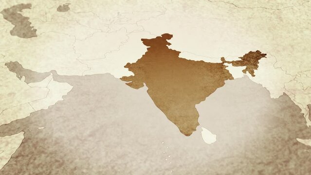 Vintage map showing India. From above zooming in.