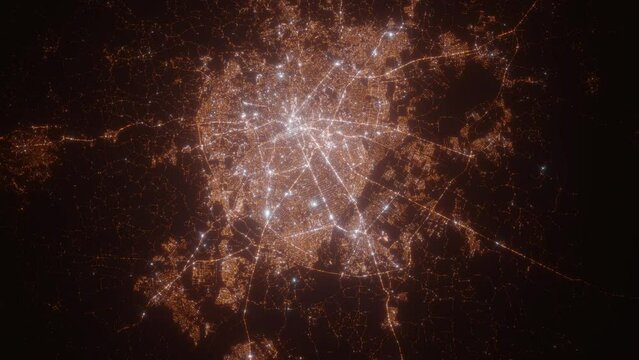 Curitiba (Brazil) aerial view at night. Satellite view on modern city with street lights. Camera is flying above the city, moving forward