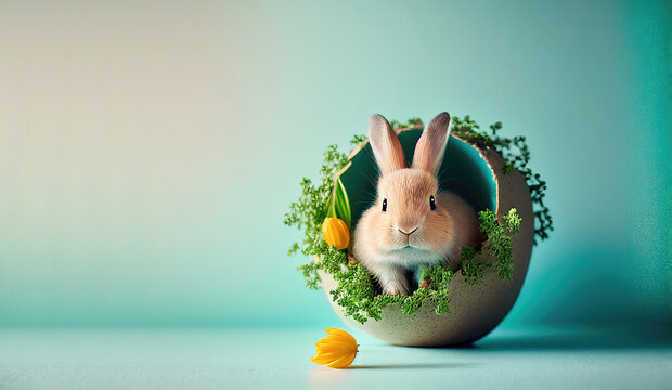 Cute baby rabbit as easter bunny sitting in easter egg as easter background wallpaper design (Generative AI)