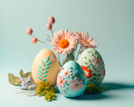 colorful easter eggs with flowers, generative ai