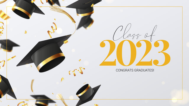 Greeting banner for design of graduation 2023. Falling graduation caps, golden confetti and serpentine. Congratulations graduates of 2023. Vector illustration for decoration social media, banners.