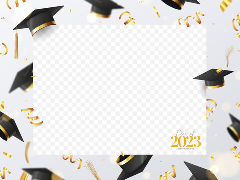 Greeting banner for design of graduation 2023. Falling graduation caps, confetti and serpentine. Vector banner with place for photo from graduation for decoration social media, banners, posters.