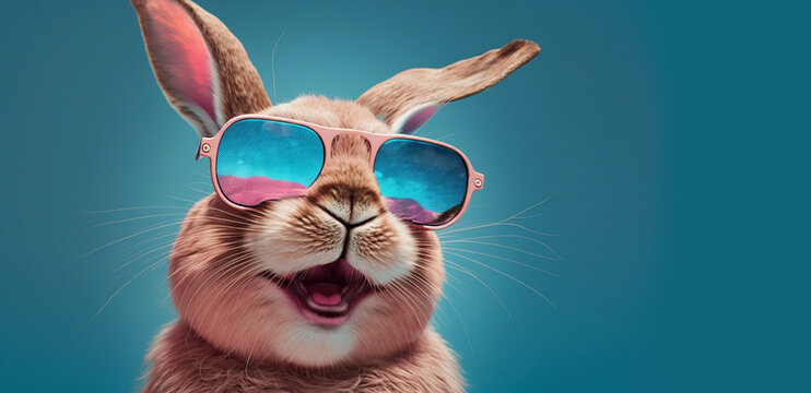 Cool bunny with sunglasses on colorful background. Generative Ai