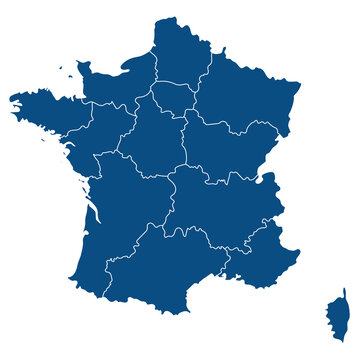 France or French map with blue and transparent background division 13 regions. Vector Illustrator.