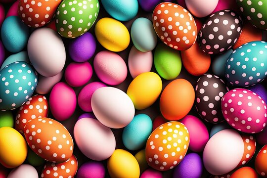 Colorful Easter eggs with patterns on wallpaper background - Generative AI