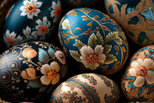 Intricately Painted Easter Eggs with Stunning Floral Detail in Close-Up Shot - Generative Ai